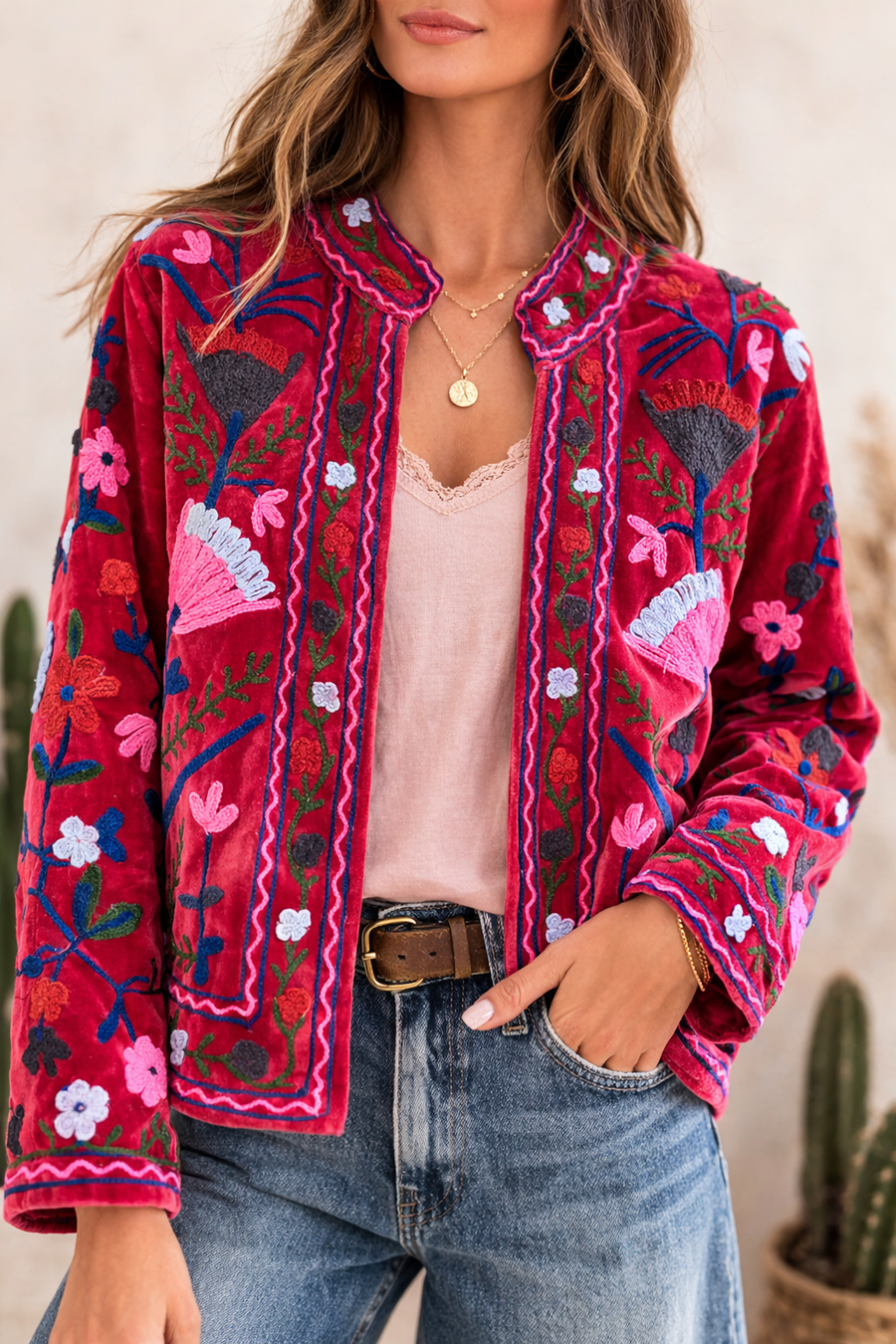 Saco terciopelo Rosa bordado