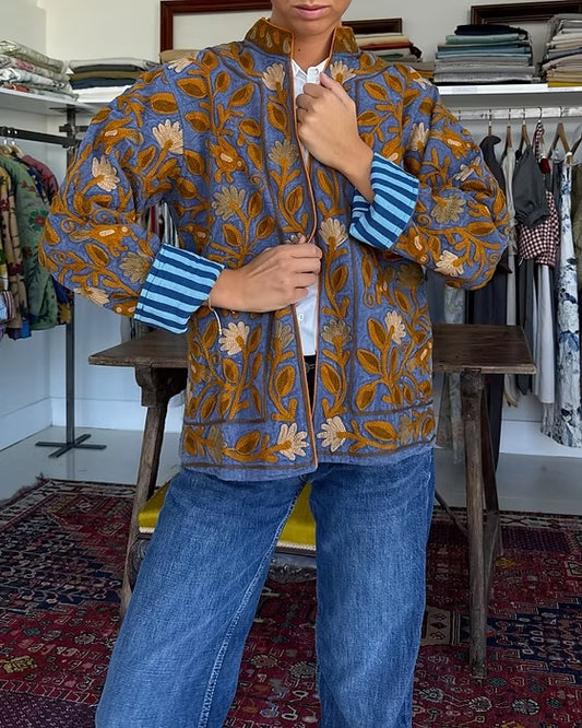 Saco algodón bordado azul