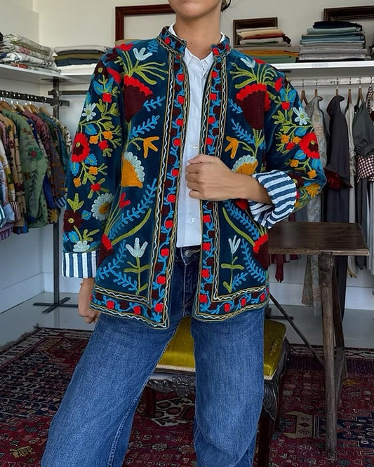 Saco terciopelo bordado azul