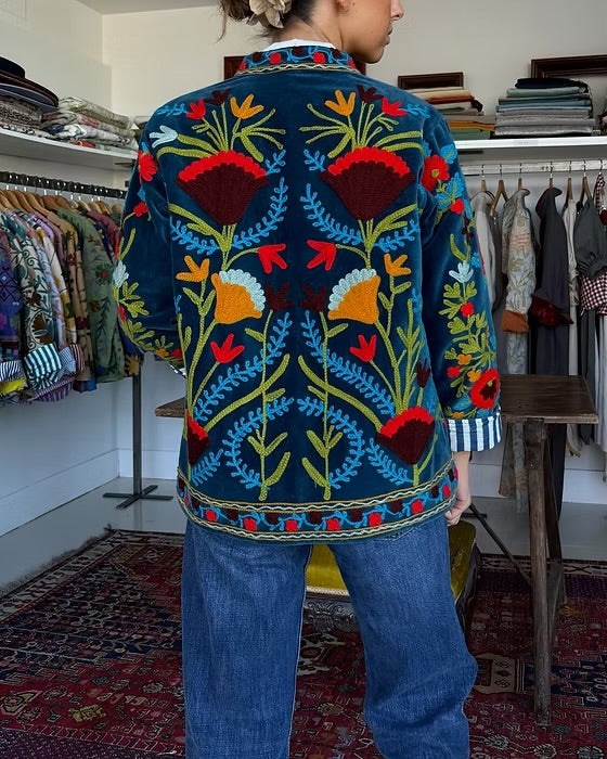 Saco terciopelo bordado azul