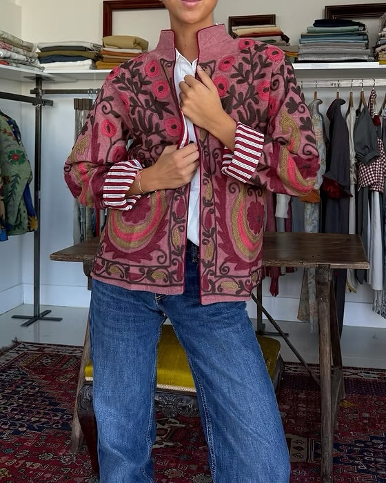 Saco algodón bordado rosa